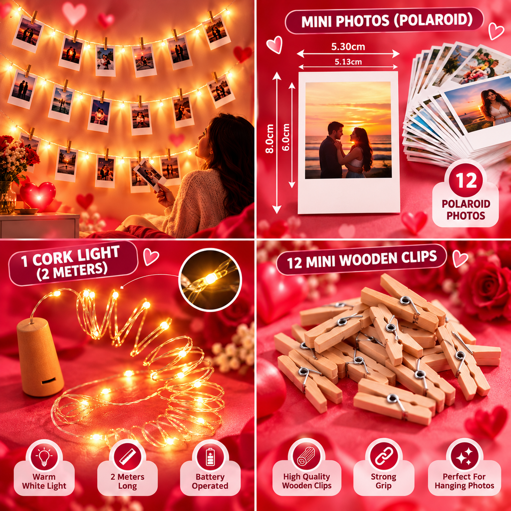 Customized Photo Gift – 12 Mini Photo Prints with String Lights & Clips