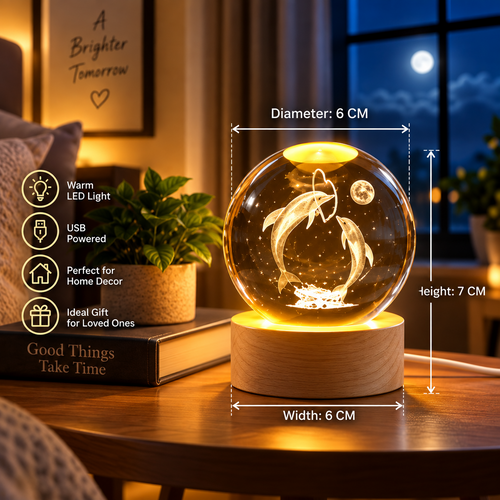 3D Dolphin Crystal Ball Night Lamp product dimensions: 6 cm width, 6 cm diameter, 7 cm height