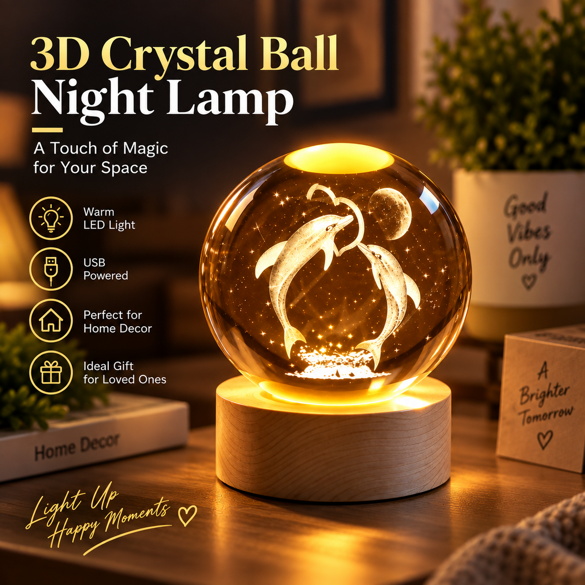 3D Dolphin Crystal Ball Night Lamp with warm LED glow and wooden base