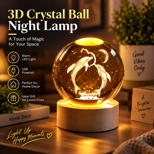 3D Dolphin Crystal Ball Night Lamp with warm LED glow and wooden base