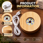 3D Dolphin Crystal Ball Night Lamp product information showing USB cable, warm light and wood material
