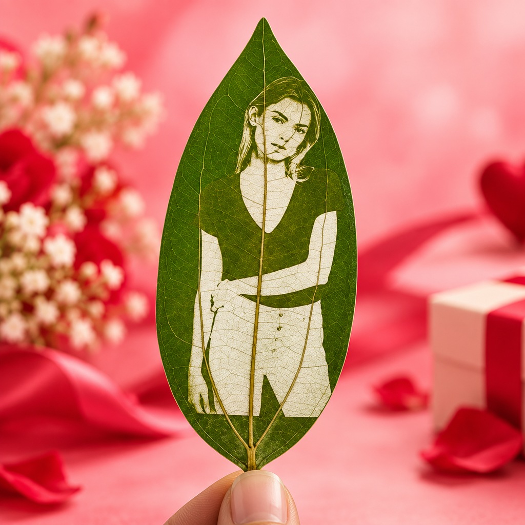 Personalized photo on natural leaf – custom portrait gift