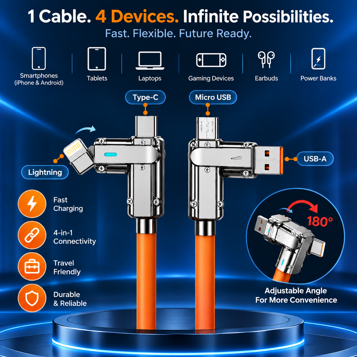 4-in-1 fast charging cable with adjustable connectors and retractable orange cable