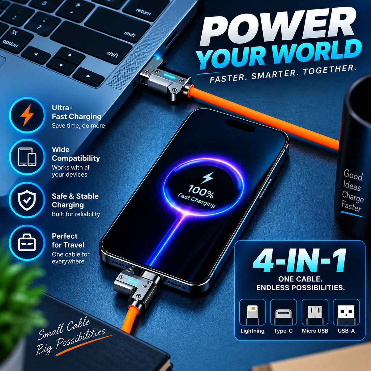 4-in-1 fast charging cable compatibility infographic showing four connector types