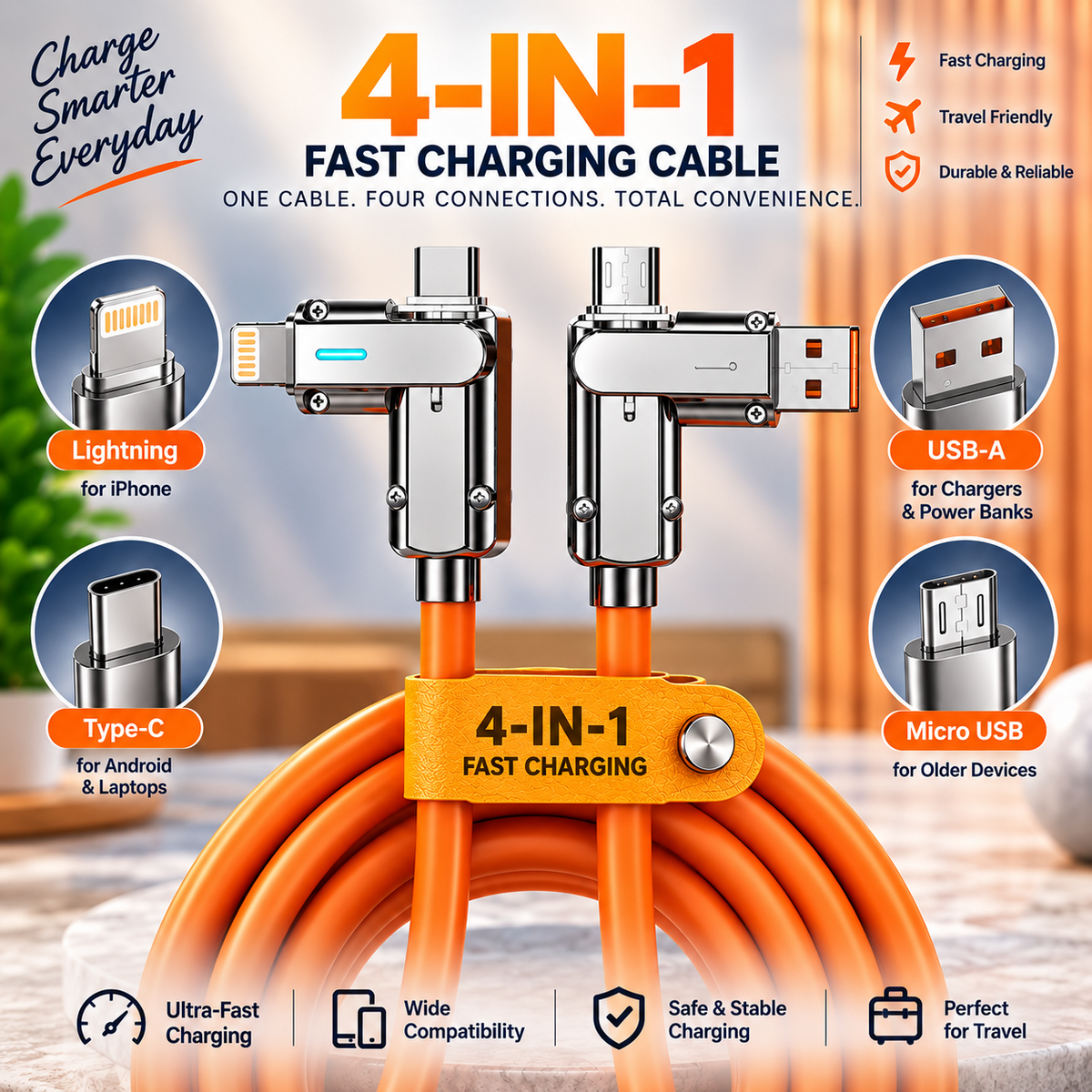 4-in-1 retractable fast charging cable powering a smartphone and laptop