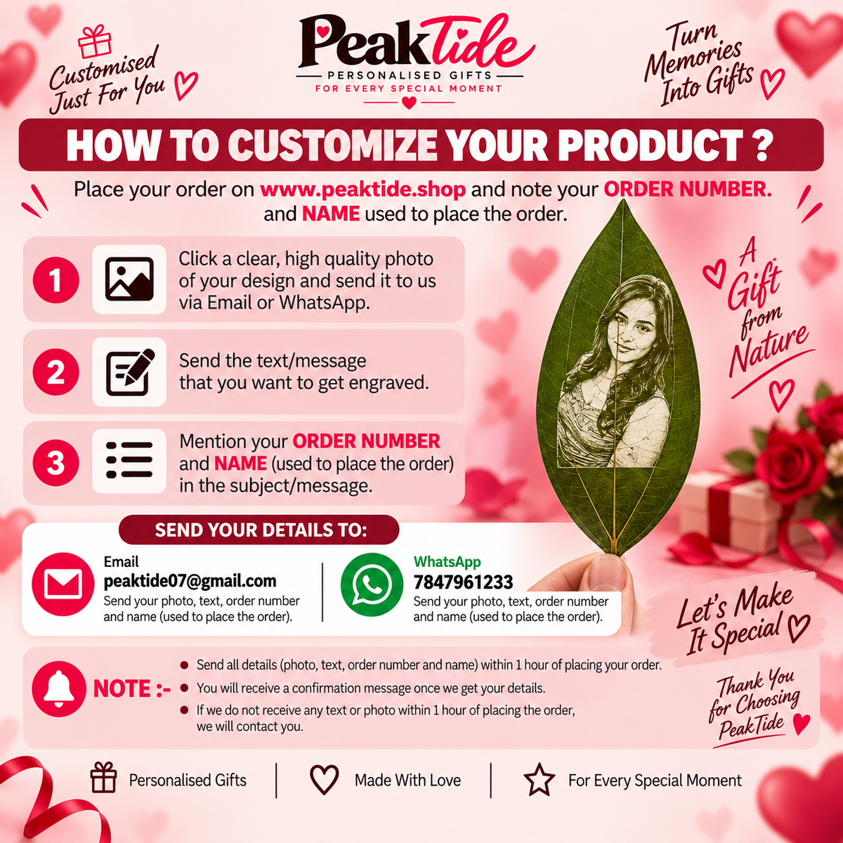PeakTide customization instructions for personalized photo leaf gift