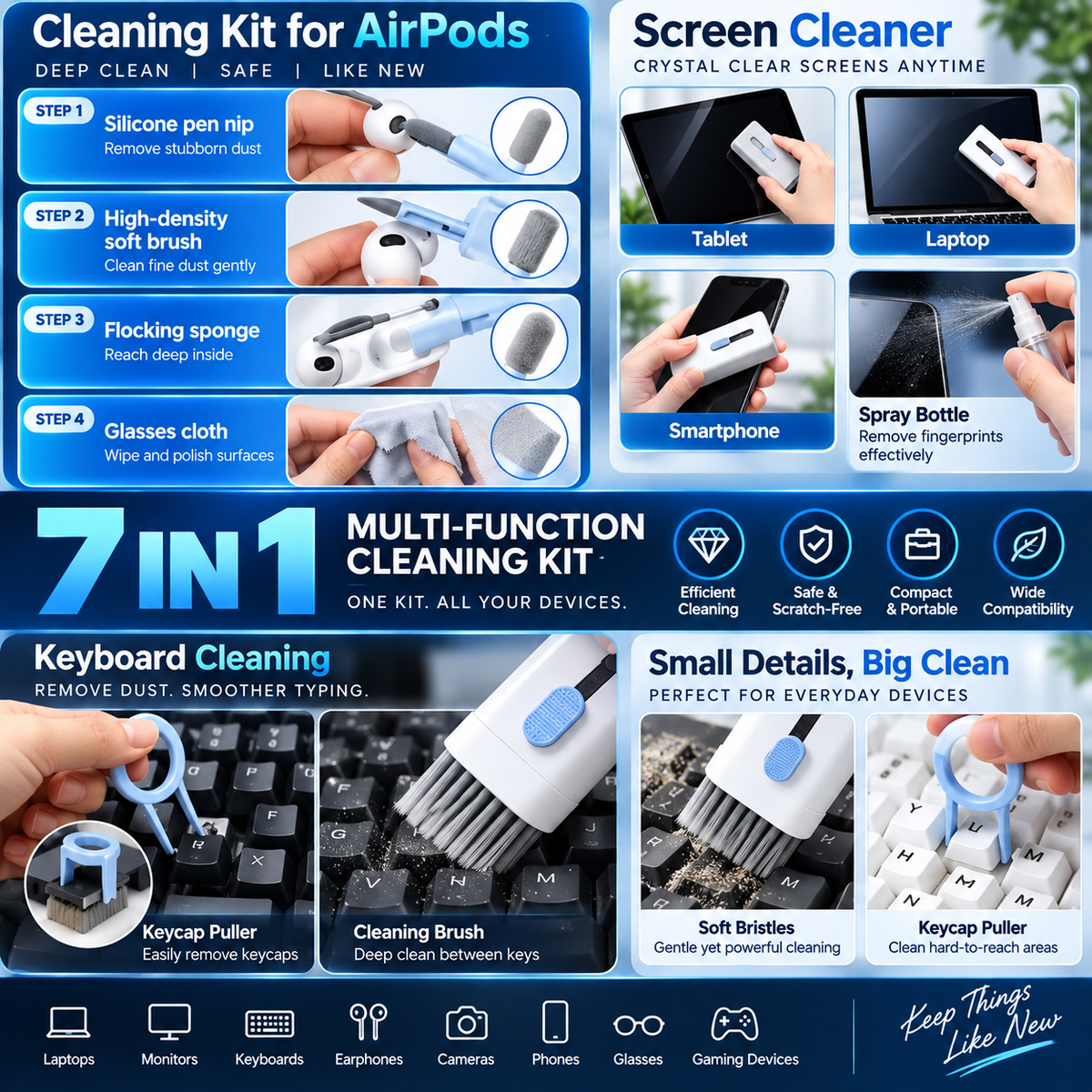 7-in-1 multifunction cleaning kit features for keyboards screens and earbuds