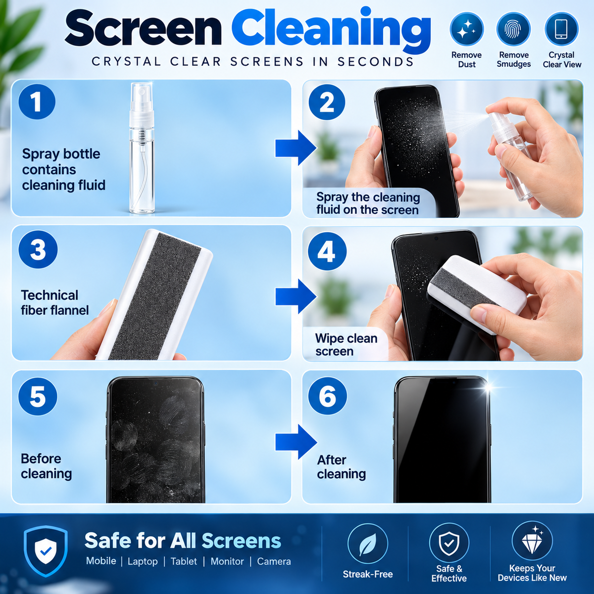 7-in-1 cleaning kit step-by-step screen cleaning demonstration