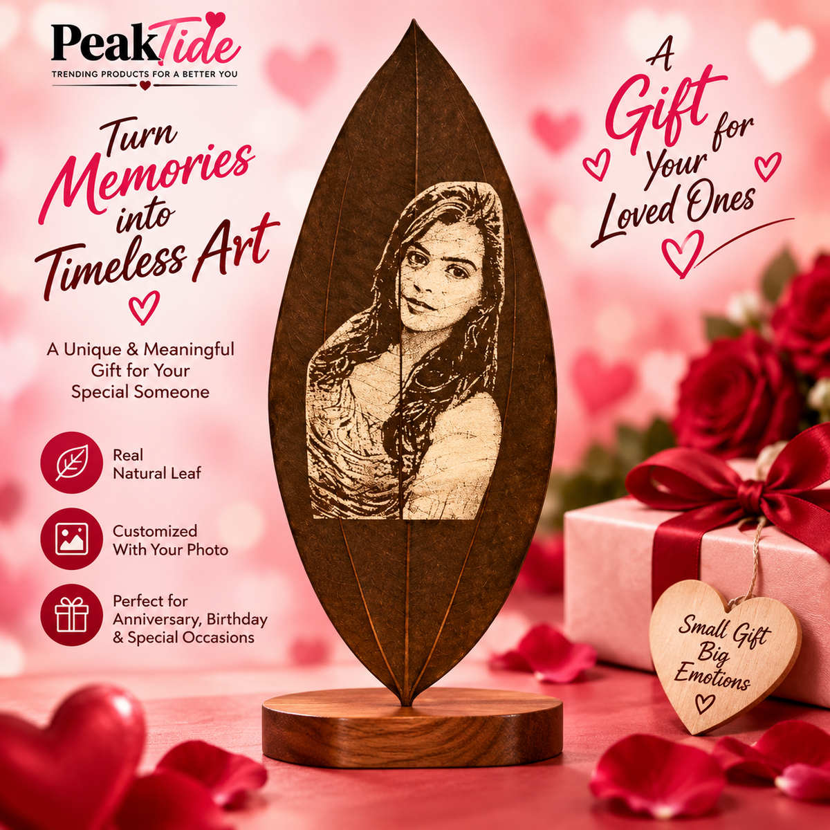 Personalized natural leaf photo gift – PeakTide product showcase