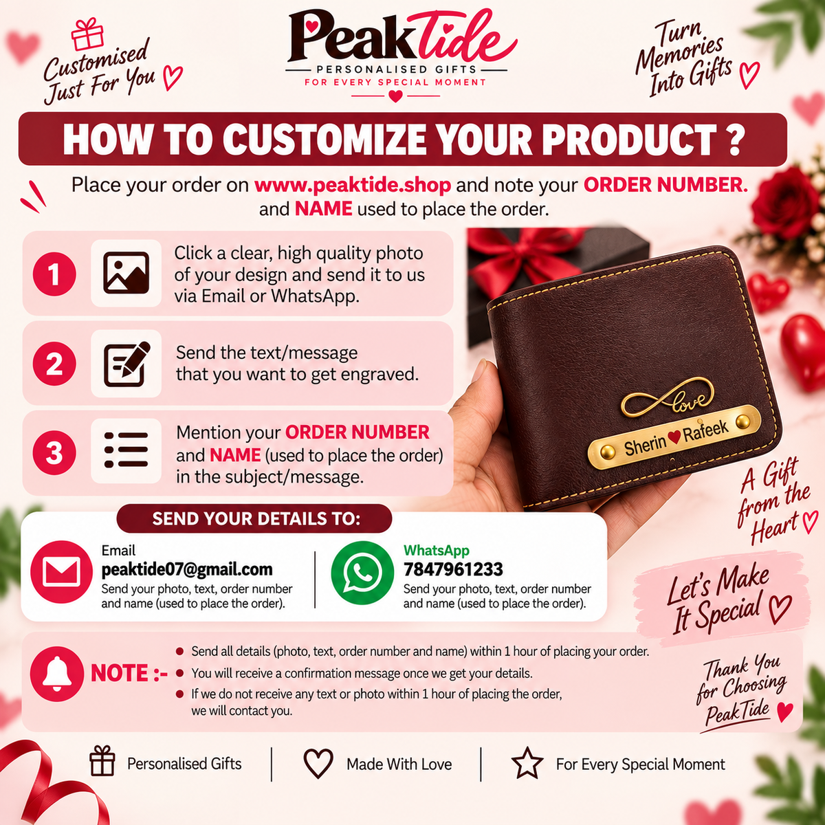 PeakTide customization guide featuring personalized engraved wallet gift