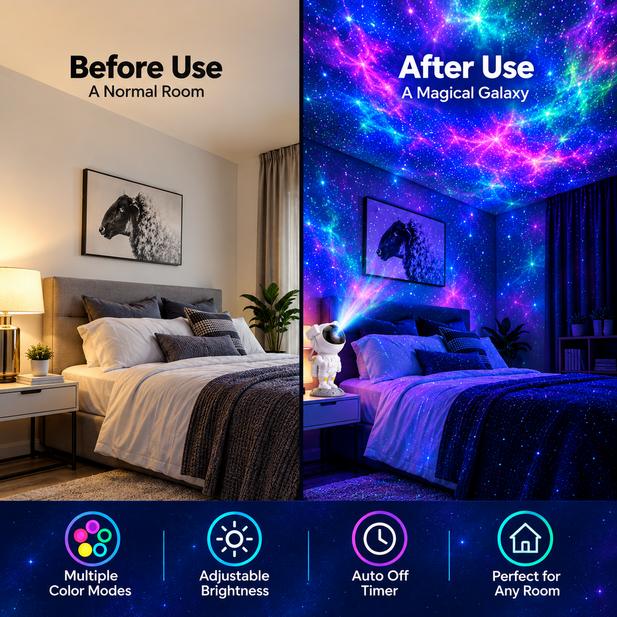 Astronaut Galaxy Projector before and after room lighting comparison