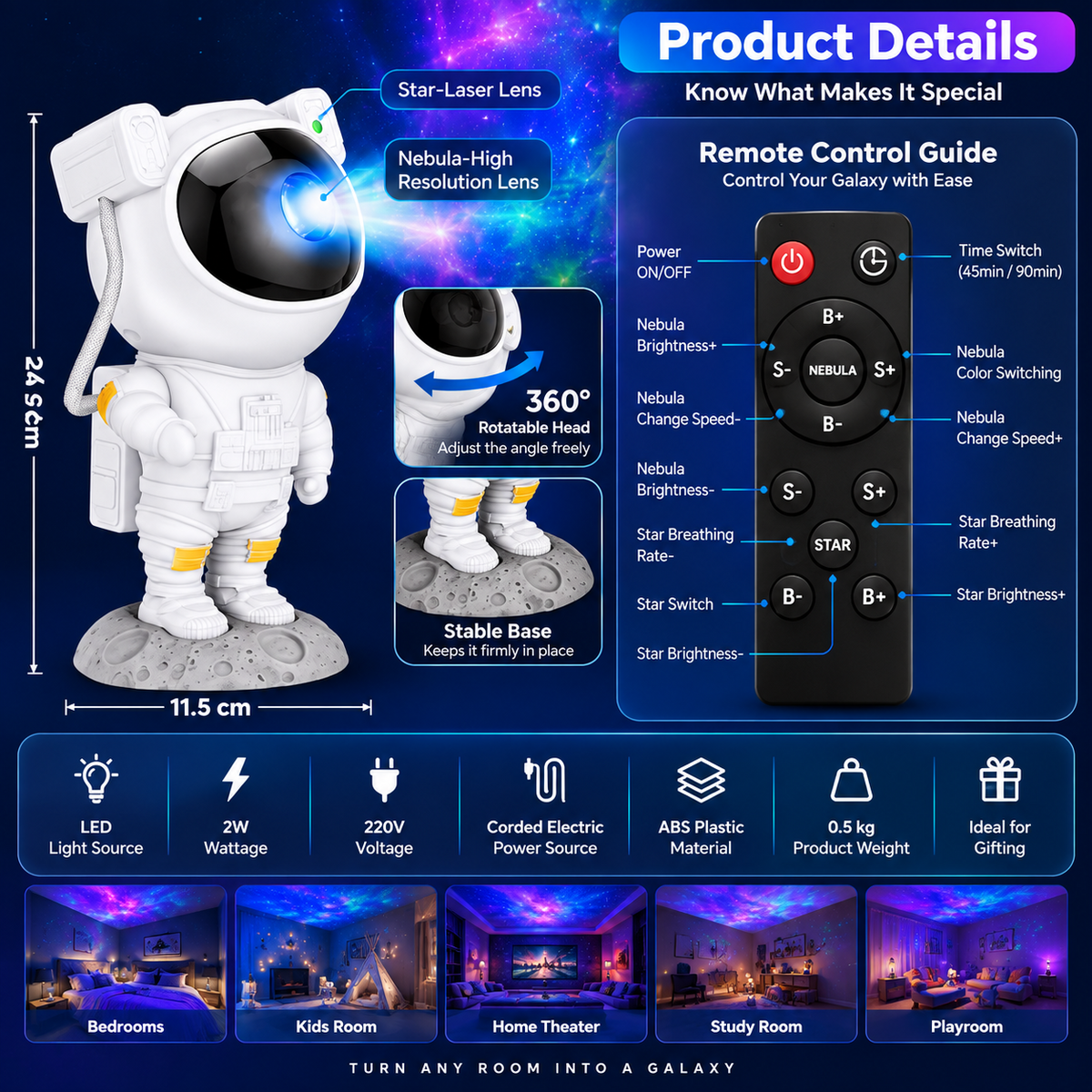 Astronaut Galaxy Projector product details and remote control guide