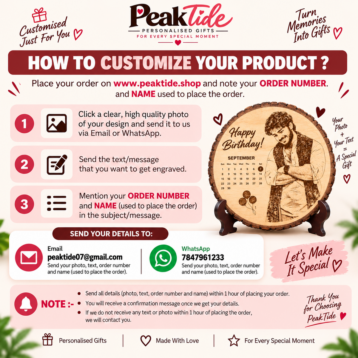 PeakTide customisation instructions - send photo, text, order number and name
