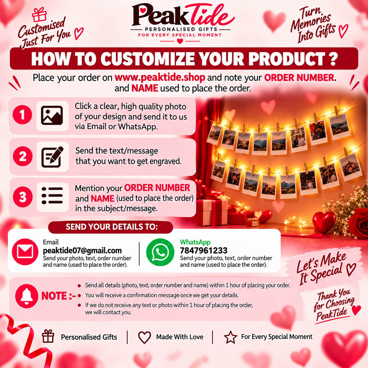 PeakTide customized photo gift instructions with 12 mini photo prints and string lights