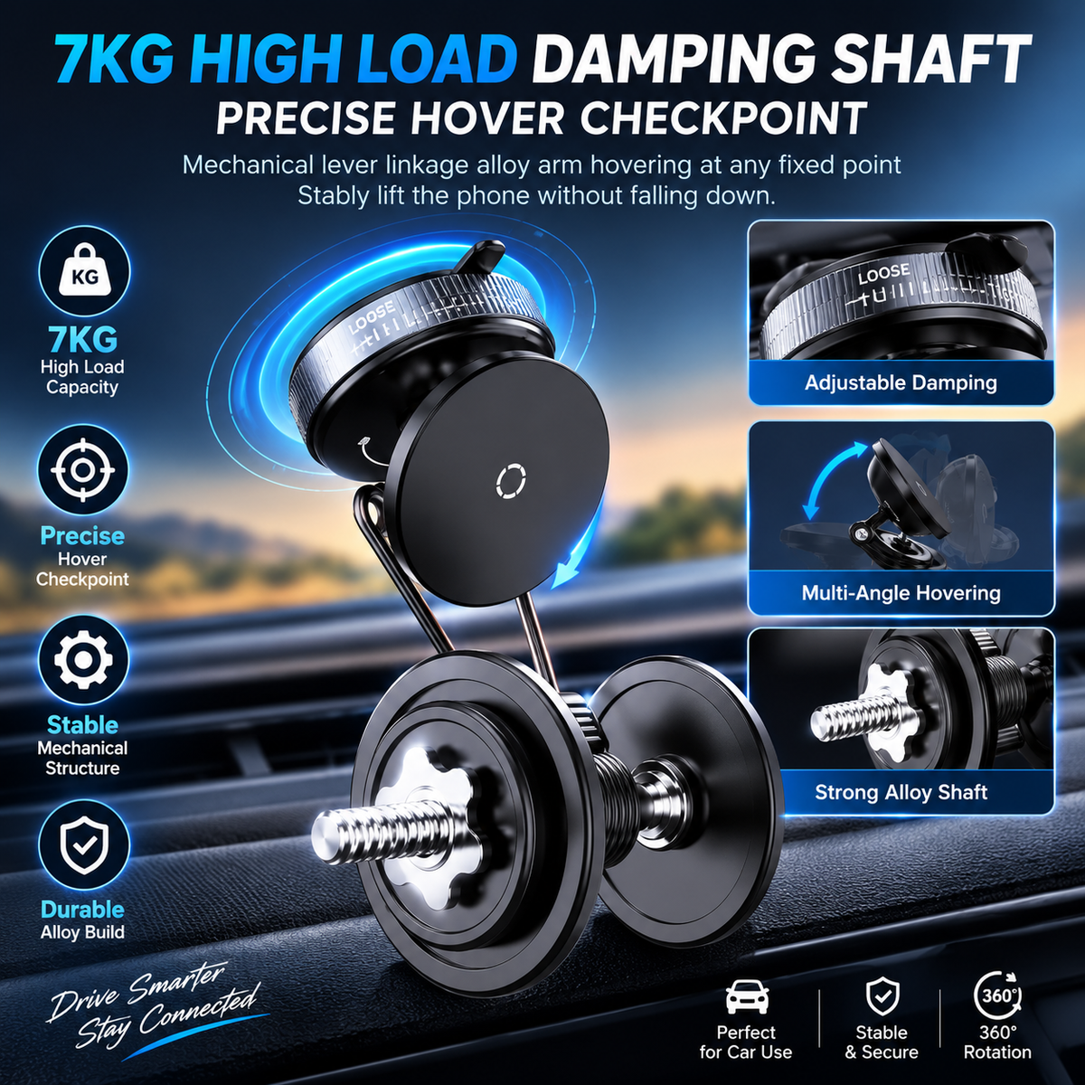 Square professional showcase of magnetic phone holder with 7kg high-load damping shaft and stable adjustable mounting