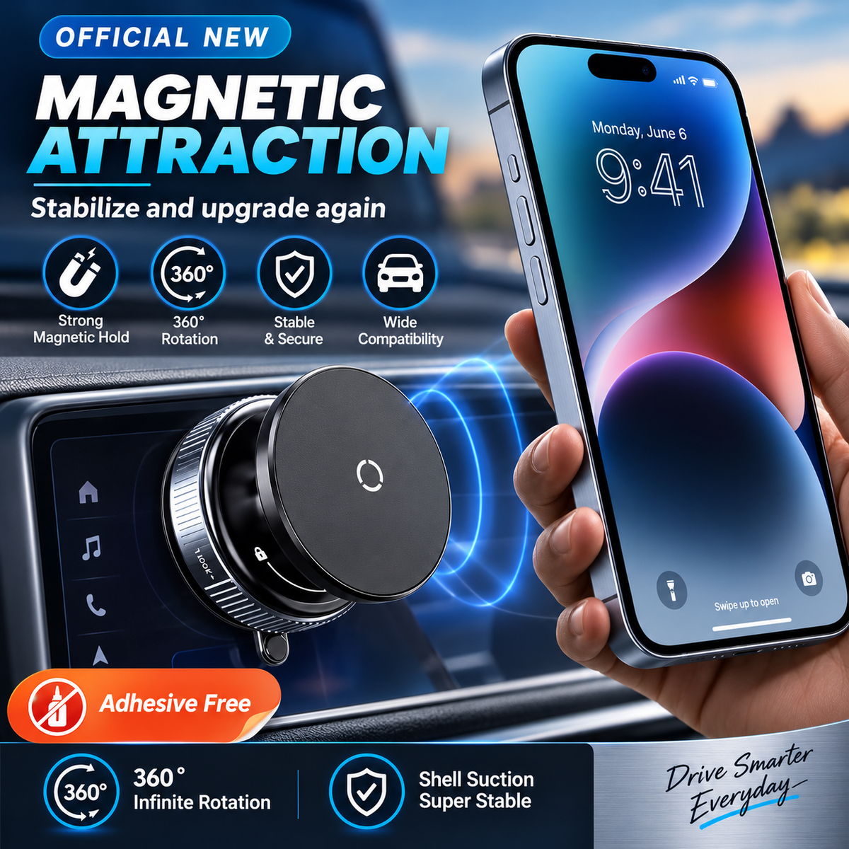 Magnetic phone holder showing strong magnetic attraction, 360 degree rotation and stable car mounting