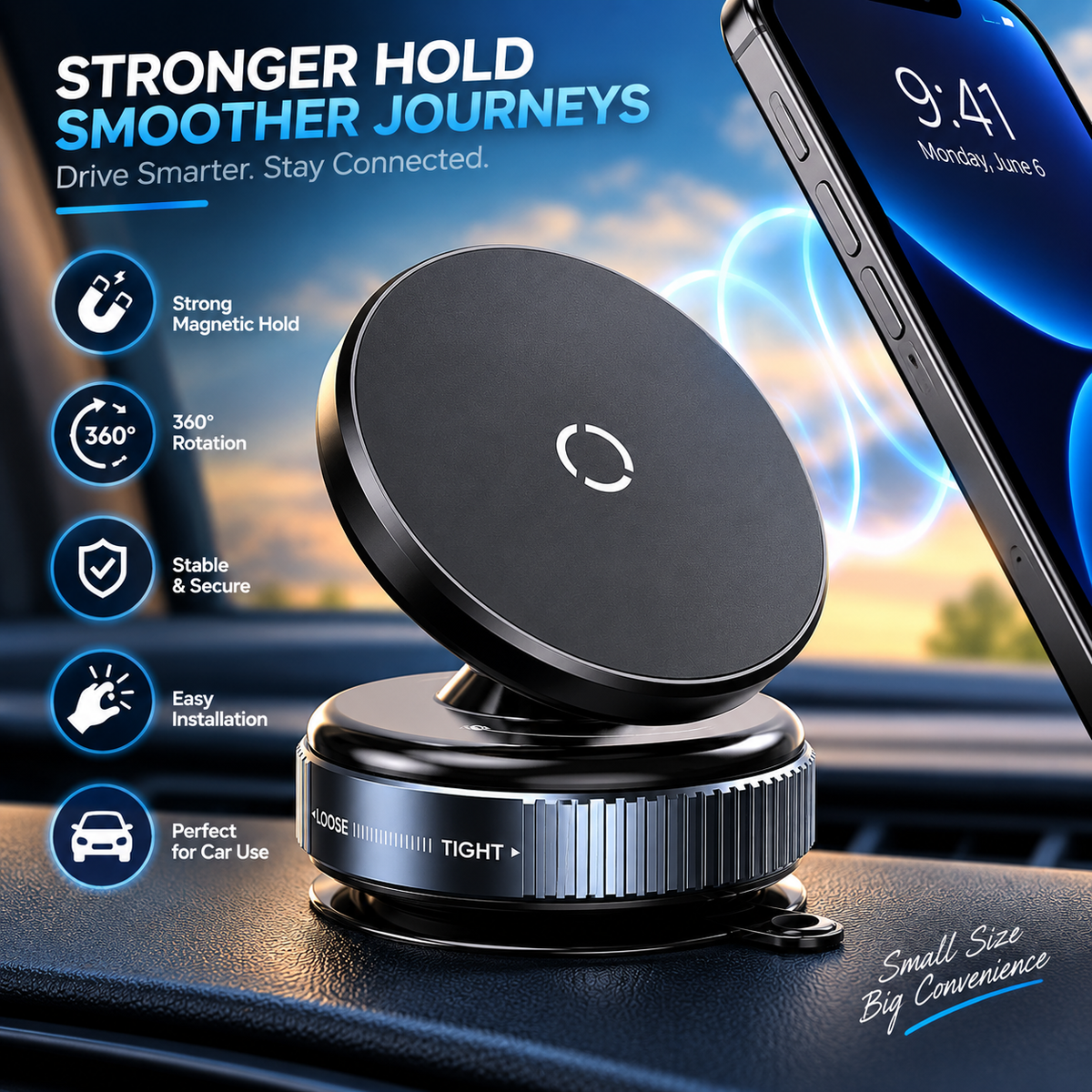 Square professional product showcase of the magnetic suction phone holder with strong magnetic hold and 360 degree rotation