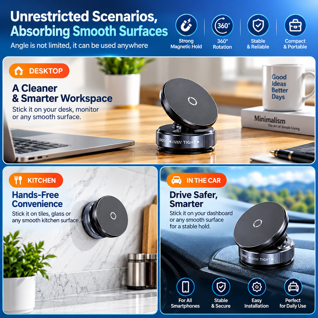 Magnetic phone holder professional usage scenarios showing desktop, kitchen and car applications