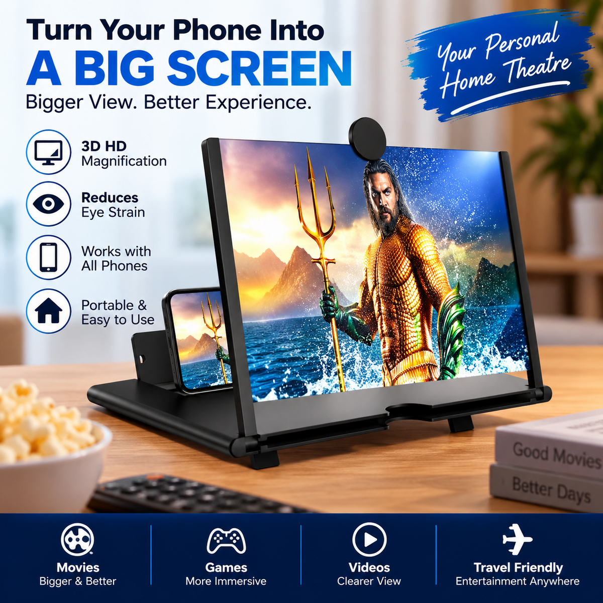 Mobile phone screen amplifier showing a larger cinematic viewing experience