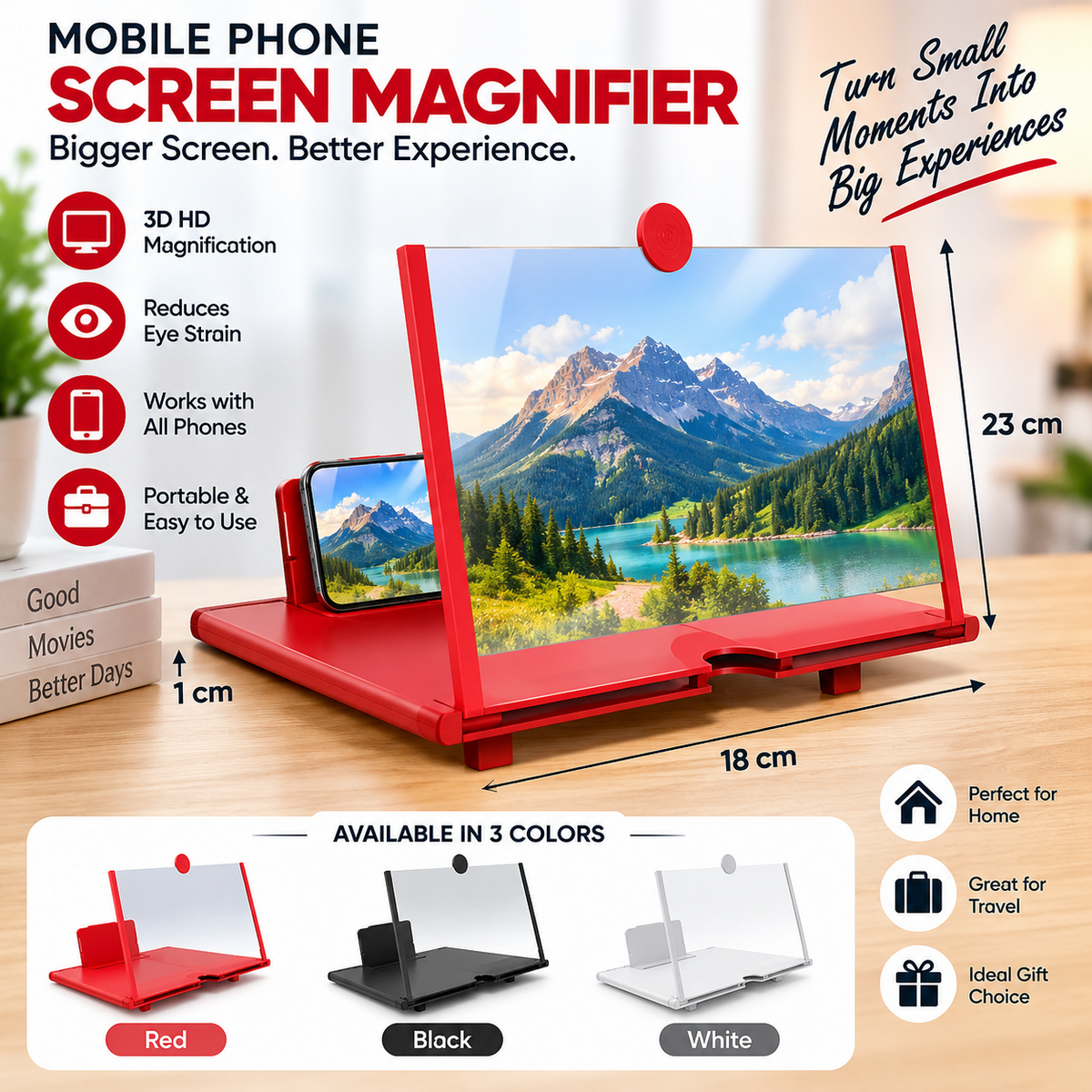 Mobile phone screen amplifier available in red black and white colors