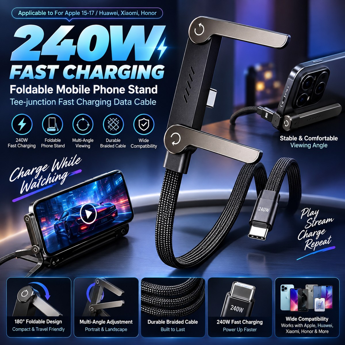 PeakTide 240W fast charging cable with adjustable phone stand and fast charging showcase