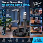 PeakTide 240W fast charging cable with foldable phone stand and key benefits