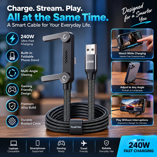 PeakTide 240W fast charging cable with foldable phone stand and key benefits