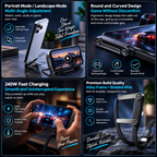 PeakTide 240W charging cable product feature infographic showing adjustable stand, gaming design and braided cable