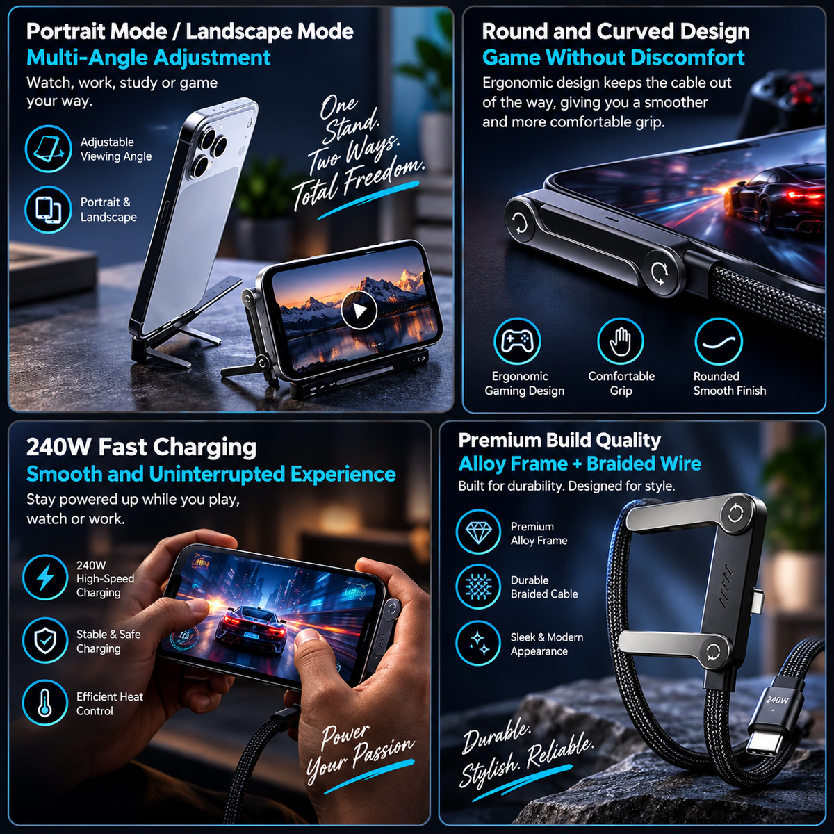 PeakTide 240W charging cable product feature infographic showing adjustable stand, gaming design and braided cable