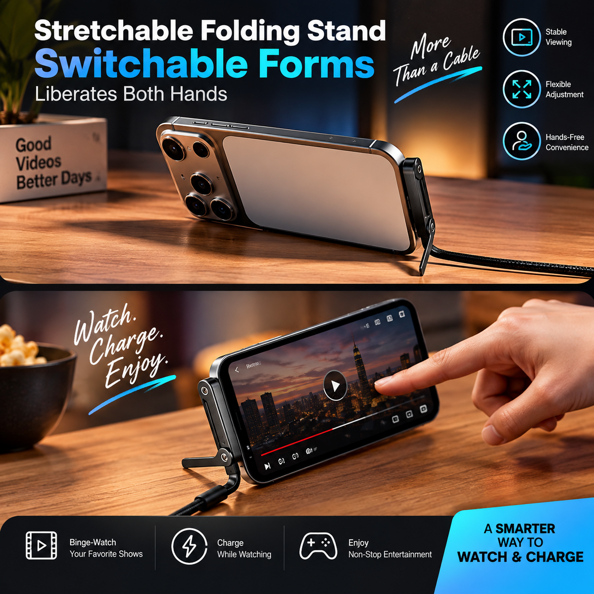 PeakTide 240W charging cable used as a foldable phone stand for hands-free viewing