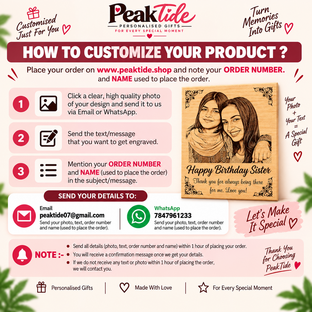 PeakTide personalized product customization instructions