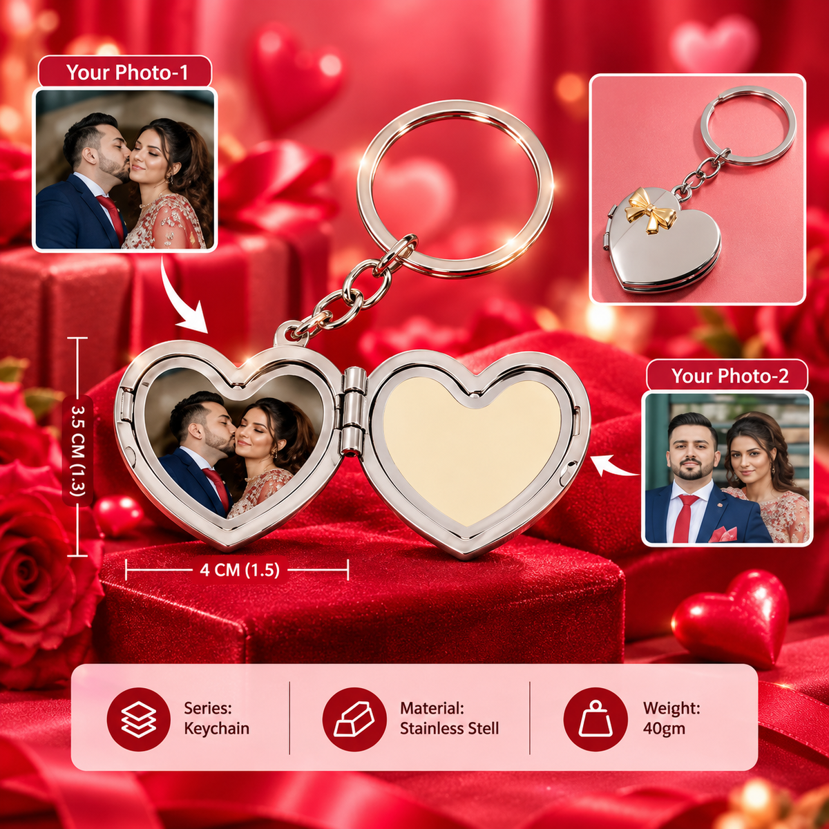 Personalized heart-shaped photo keychain with two photo spaces