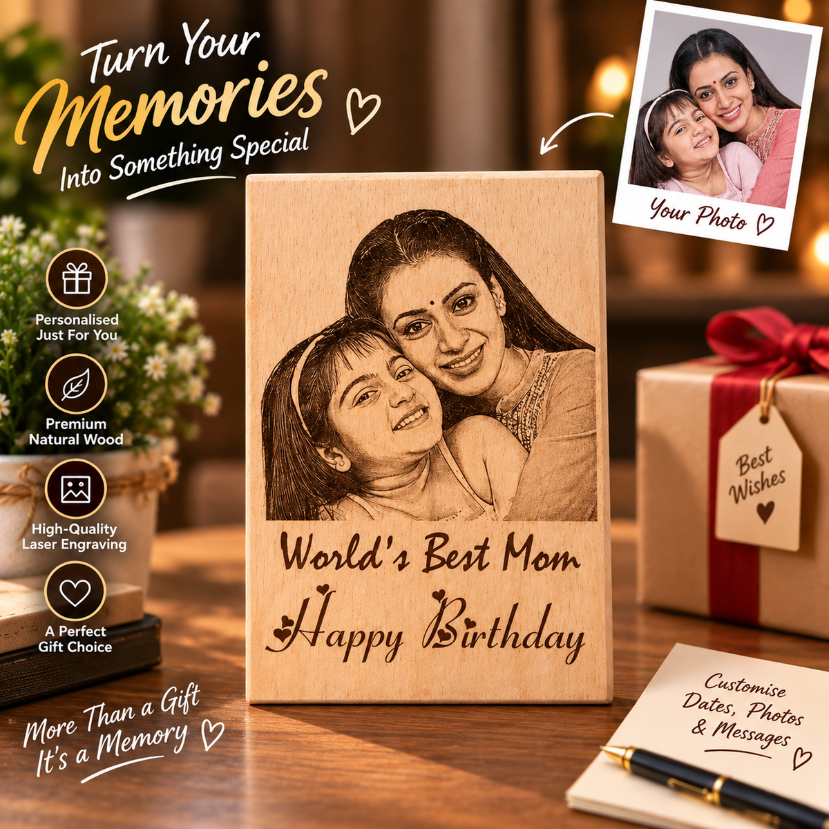 Personalized engraved wooden photo frame mother gift