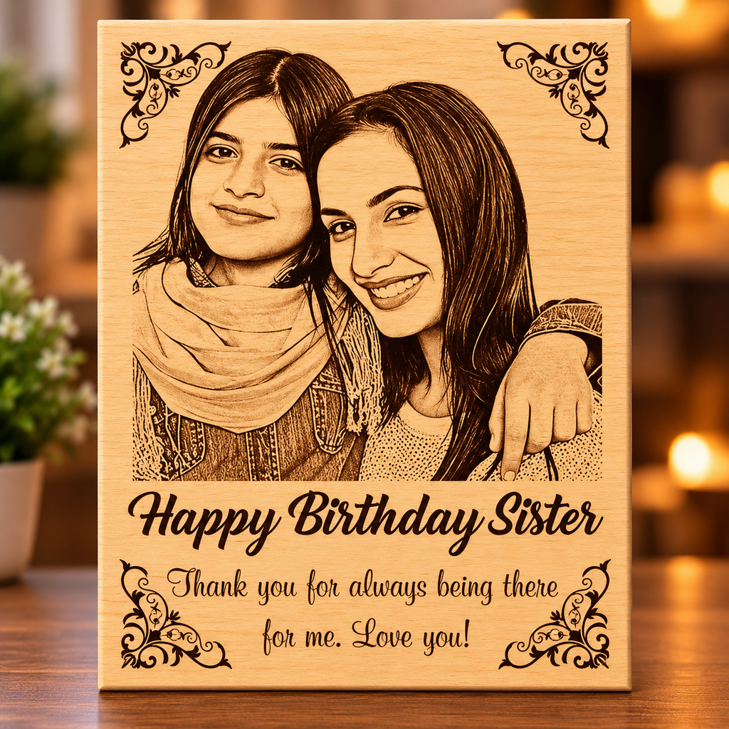 Personalized engraved wooden photo frame sister gift