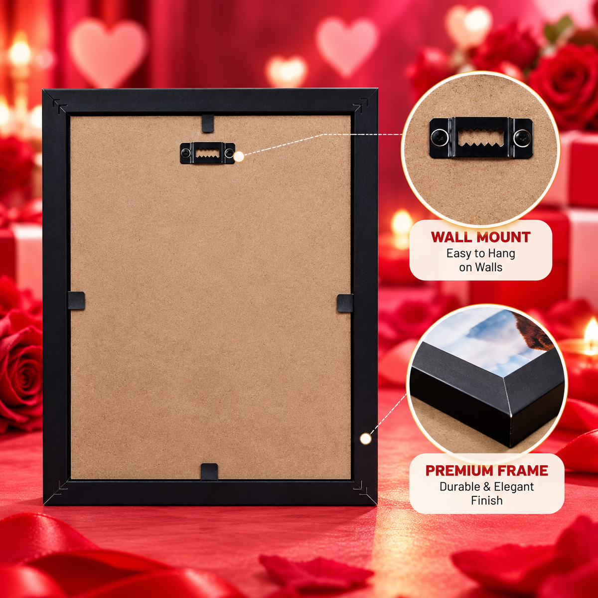 Personalized photo frame assembly showing frame, acrylic sheet, photo and MDF board