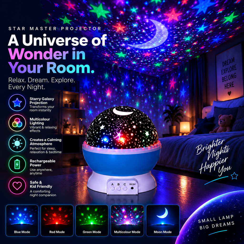 Star Master Projector Night Lamp creating a calming bedtime atmosphere
