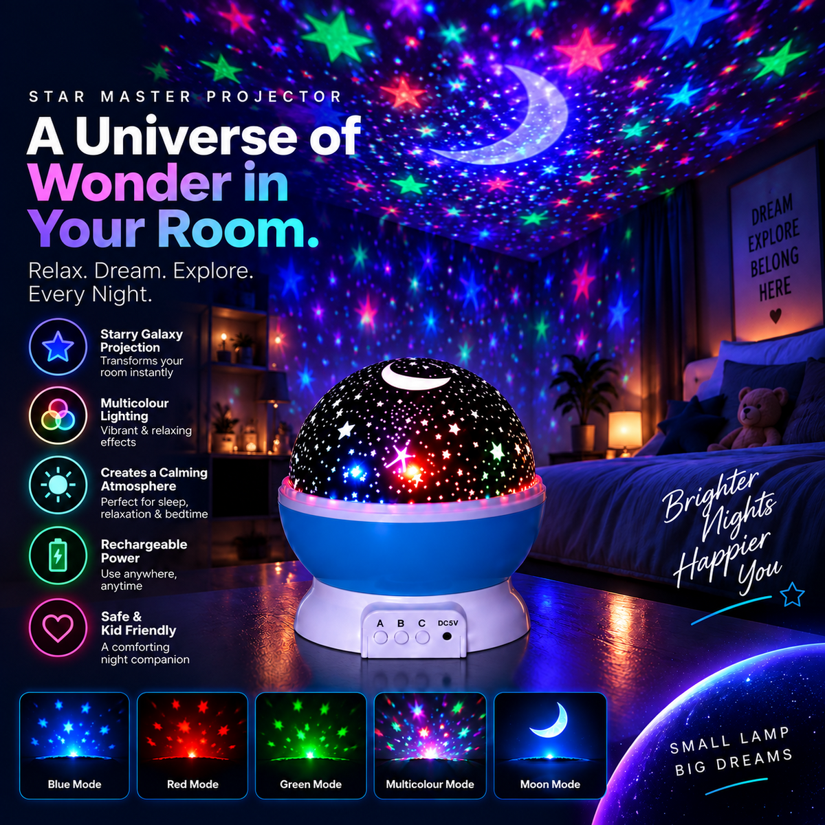 Star Master Projector Night Lamp creating a calming bedtime atmosphere