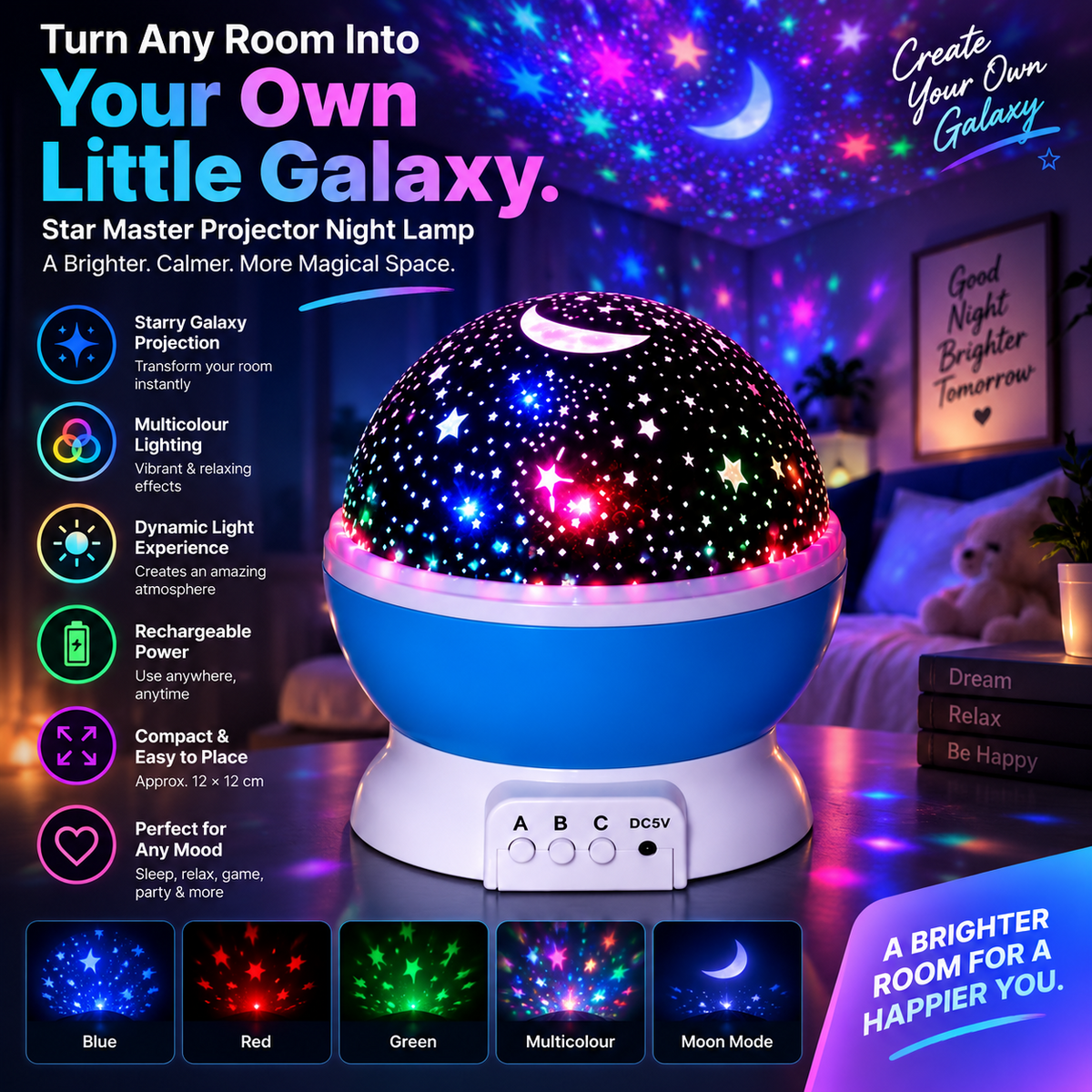 Star Master Projector Night Lamp colourful galaxy projection in a bedroom